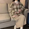 Kvinnors tröjor koreanska mode v-ringning pullover vintage överdimensionerad streetwear casual tröja toppar harajuku stickad vinter pläd weater varm