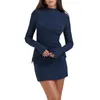 Casual Dresses Decorative Pocket Bodycon Dress Half High Collar Women Long Sleeve Spicy Girl Tunic Short Patchwork Vacation Outfit