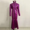 Sexy gothique grande taille Wetlook col rabattu Faux Pvc cuir longueur cheville robe avant fermeture éclair robes sirène ClubwearAnime Costumes