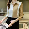 Lyxdesigner satin bluses kvinna kontrast färgknapp upp silkskjorta långärmad höst vinter lapel runway casual mångsidiga skjortor 2023 kontor damer söta toppar