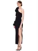 Casual Kleider Modphy Schwarz Sexy Eine Schulter Langarm Blume Rüschen Design Verband Kleid Frauen Bodycon Split Midi Club Party