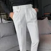 Men s byxor fyra säsongsbälte knäppta kalvbyxa män pantalon de vestir hombre casual lyx affärsbyxa för man rak byxa 231016