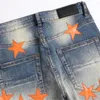 Men's Jeans Style Brand Orange Star Patched High Street Ripped Male Stretch Slim Denim Pants Retro Blue Trousers