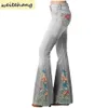 Primavera nova moda jeans gradiente flor impressão imitação denim bell bottoms mulheres cintura alta calças compridas plus size calças femininas h257f