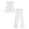 Women's Two Piece Pants Foridol White Cotton Linen Long Set Sleeveless Vest Suit Office Lay Autumn Summer Wide Leg Casual Fashion Outfit