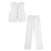 Pantaloni a due pezzi da donna Foridol Set lungo in lino di cotone bianco Gilet senza maniche Completo da ufficio Autunno Estate Gamba larga Abbigliamento moda casual