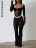 Calças femininas de duas peças Boofeenaa sexy preto 2 conjuntos ver através de renda malha cardigan espartilho top calça 2023 roupas de outono para mulheres C66-FI27