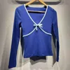 Frauenpullover Frauen Langarm Baumwolle Slim Pullover Bowknot Tiefer V Gespleißt Weibliche Blaue Bodenbildung Strickwaren Tops Herbst 2023