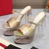 Platform High Heeled Sandal 155mm Polymer Plexi Clear Heel Fashion Dress Shoes For Women Luxury Designer Chunky Heel Slippers Square Toes Party Factory Factory Factwear
