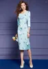 Casual Dresses Elegant Lady Floral Print Blue Autumn For Women 2023 Square Collar Ruched Plus Size Female Clothing Office Wear 4xl