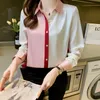 Vintage Fashion Satin Blouses Woman Designer Button up Silk Shirt Long Sleeve Autumn Winter Lapel Runway Contrast Color Shirts 2023 Office Ladies Sweet Cute Tops