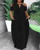 Casual Dresses Cold Shoulder Pearls Decor Maxi Dress Women Long Loose High midje Solid Color Hollow Out Short Sleeve