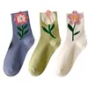 Women Socks 3 Pairs Lot Cartoon Tulip Mid Tube Flower Cotton Pack Cute Japanese Korean Style Harajuku Winter Kawaii Breathable