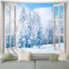 Tapisseries Tapisserie d'hiver Forêt Cèdres Soleil Blanc Fenêtre Nature Paysage Noël Tenture Murale Maison Salon Chambre Décor 231017