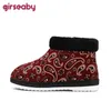 Girs Winter Cute Warm Plush Fur Mid-calf Boots Floral Folk-custom Cotton Flat Flock Zip Black Blue 230922