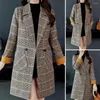 Damesjassen Geruite gesplitste jas Stijlvolle print Halflange trenchcoat met dubbele knopen Zakken Warmte Contrasterende kleur