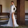 Weißes Satin-Hochzeitskleid für Damen mit Perlen, langen Ärmeln, sexy, offener Rücken, geteiltes Bein, Brautkleider, Vestidos de Novia