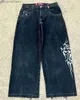 メンズジーンズルーズジーンズY2Kヒップホップレトロスカルパターン刺繍特大ジーンズ黒パンツ