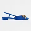Sandálias 2023 Est Verão Mulheres Flats Metal Chain Plataforma Stripper Baixo Salto Azul Designer de Luxo Mules Sandles Sapatos