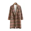 Women's Wool Blends Women Coat Long Jacket Woolen Plaid Double Breasted Lapel Overall Autumn Winter Loose Fitting Blazer Checkered Long Sleeve 231017
