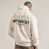 Versión correcta del presente, espalda simple, impresión de letras, niebla, calle alta, sudadera básica suelta, moda para hombres y mujeres