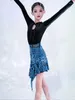 Stage Wear Long Sleeve Latin Dance Costume Velvet Competition Dress Girls ChaCha Rumba Samba Performance Clothes Blue Leopard Skirt YS5158