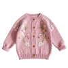 Cardigan Cardigan pour filles veste tricotée brodé à la main fraise florale automne bébé pull vêtements pour enfants manteau pour enfants 231017