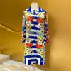 ヨーロッパのファッションブランドシチリアの海のビュー印刷された手作りビーズのジャキア生地のコート