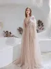 Sexy Luxury Long Dubai Arabic Evening Dresses V Neck Sleeveless Tulle Sequined with Feather Cape A Line Sweep Train Formal Gowns