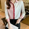 Moda vintage Bloups Bloups Woman Designer Button Up camisa de seda de manga longa Autumn Winter Lapeel Runway Contraste Camisas de cor 2023 Escritório Ladies Sweet Cute Tops