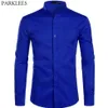 Men's Royal Blue Dress Shirts Brand Banded Mandarin Collar Shirt Male Long Sleeve Casual Button Down Shirt with Pocket 2XL 211984