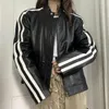 Women's Jackets 2023 Y2k Striped PU Leather Zipper Black Punk Fashion Gothic Coat Streetwear Vintage Autumn Winter Harajuku Outwear