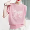 Kvinnors tröjor Runway Korean Kvinnor Pearl Bow Girl Känns Top Versatile Luxury Elegant Thin Comfort T-shirt stickad tröja