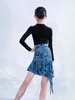 Stage Wear Long Sleeve Latin Dance Costume Velvet Competition Dress Girls ChaCha Rumba Samba Performance Clothes Blue Leopard Skirt YS5158