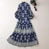Casual Dresses European And American Women's Dress 2023 Summer Style Three-quarter Sleeve Lapel Blue Print Fashion Lace-up Pleated