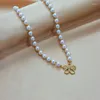 Choker 316L Stainless Steel Simple Charm Retro Artificial Pearl Micro Inlaid With Zircon Small Flower Beads Handmade Woven Necklace