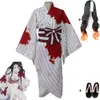 Cosplay Cosplay Anime Dämon Slayer Kimetsu Keine Yaiba Kamado Nezuko Kostüm Perücke Clogs Weiß Blut Fleck Kimono Owen Uniform Anzug