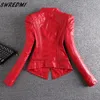 Dames leer kunstleer SWREDMI mode rood motorfiets leren jas dames klinknagel ritsen biker leren jas S-4XL suède bovenkleding 231016