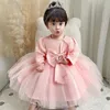 Robes d'automne pour filles, vêtements pour enfants, avec nœud rouge, princesse, manches longues, pour 1er anniversaire, fête de mariage, baptême