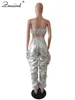 Women's Two Piece Pants Znaiml 2023 Sexy Gold Sliver Metallic Crop Top And Peice Sets Women Summer Rave Festival Birthday Club Party Outfits