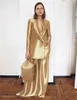 Women's Suits Blazers Gold Silk Satin Women Suits Office Set For Wedding Tuxedo 2 Pcs Loose BlazerWide Leg Pant Formal Party Prom Evening Custom Made 231017