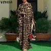 カジュアルドレス女性Kaftanドレス2021 Vonda Vintage Leopard Printed Party Long Maxi Sleeve Pleated VestidoExtizeize Robe271p