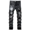 Pantalones vaqueros para hombre con letras y estrellas AM, punto pequeño, bordado de retales, rasgados, sexis, románticos, salvajes, pantalones de motocicleta para hombre, AM3389-00, talla 29-38