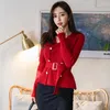 Kvinnors tröjor Autumn Winter Sticked Women Sweater Mujer Basic Red V-Neck Double Breasted Short Belt Femme Inner-Match Street Stretchy