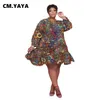 CM YAYA Women Plus Size Dress Print Full Sleeve O-neck Knee Length Loose Maxi Dresses Sexy Fashion Vestidos Autumn Outfits 220516317S