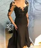 Vestido de festa de baile preto vestidos de noite nova sereia zíper plus size personalizado rendas até manga longa o-pescoço até o chão trompete elástico cetim ilusão frisado aplique