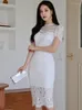 Vestidos de festa elegante vestido verão versão coreana laço branco sexy perspectiva malha gola volta cintura alta bainha feminina