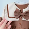 Robes de fille Style coréen printemps automne, robe de princesse décorée avec nœud papillon, mélange de couleurs, col rond, vêtements d'extérieur pour enfants, streetwear