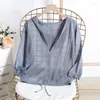 Camicia da donna in maglia di lino lavorata a maglia con cappuccio aria condizionata camicia estiva in stile coreano sciolto cardigan di protezione solare legato in puro colore