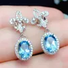 Dangle Kroonluchter Mode Chic Blauw Kristal Aquamarijn Topaas Edelstenen Diamanten Oorbellen Voor Vrouwen Meisje Wit Goud Zilver C2013